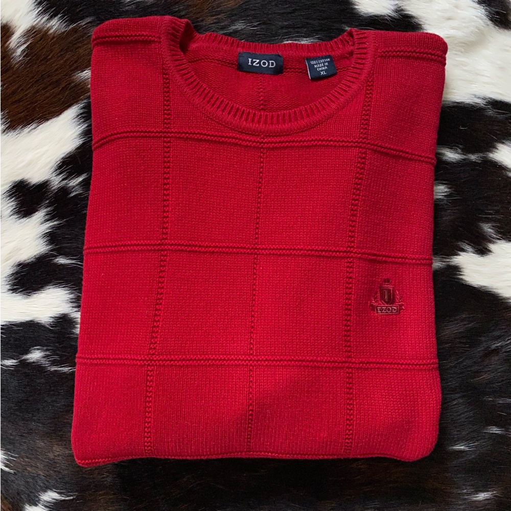 🌈4/$20🌈 MEN'S Vintage Checkerboard Weave Texture Crew Neck Sweater Red XL